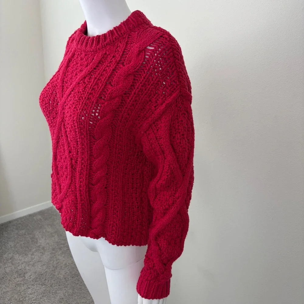 Free People Women Red Chunky Cable Knit Cotton Pullover Cropped Sweater Size S